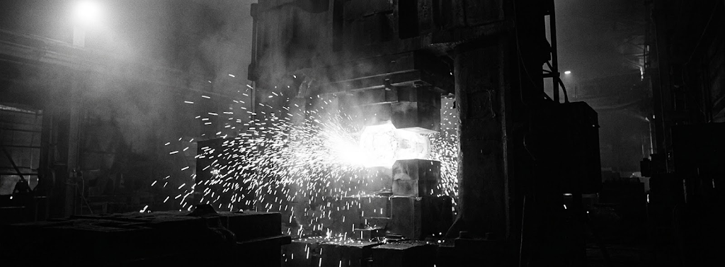 A billet under a forging press throwing scale and sparks