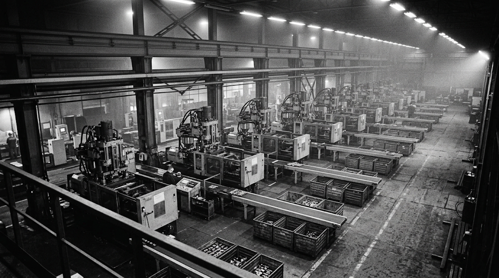 A machining hall of CNC cells with finished parts in bins