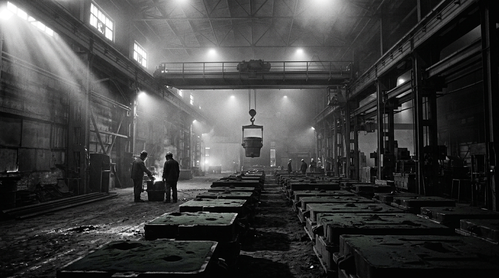 A line of sand molds waiting to be poured, ladle overhead