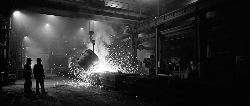 Molten iron poured from a crane-borne ladle at a source foundry