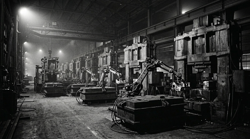 A row of hydraulic presses with robot loaders on the shop floor